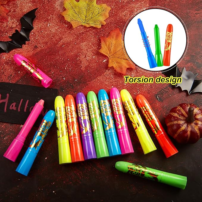 Tenceur 48 Pcs Glow in the Dark Body Paint Under UV and Black Light Face Paint Crayons Neon Face Painting Kit for Kids Party Fluorescent Glow Sticks Makeup for Adult Halloween Party Supplies, 6 Colors