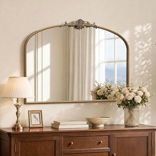 Besdomus Vintage Arched Gold Mirror: 40"x29" Large Brass Antique Decorative | French Baroque Metal Framed Mirrors - Traditional Ornate for Entryway/Bedroom/Fireplace/Bathroom - Ideal for Home Renovations