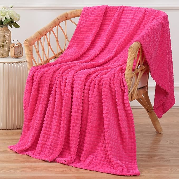 Puncuntex Fleece Throw Blanket Hot Pink 50"×60" with Square Grid Design | Super Soft Plush Cozy Flannel Throw Blanket Luxury for Couch Sofa Chair