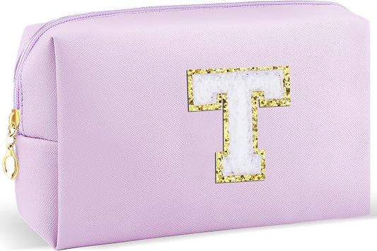 URSKYTOUS Gifts for Girls Initial Makeup Bag Personalized Cosmetic Bag with Zipper Cute Travel Toiletry Bag Waterproof PU Preppy Makeup Pouch Birthday Gift for Teen Girls Women(Purple T)