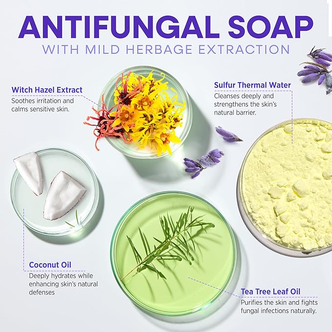 Hermon Antifungal Soap with Tea Tree Oil: Antifungal Bar Soothing Care & Relief of Itchy for Ringworm, Jock Itch, & Athletes Foot - Body & Face Wash - Lavender - 4 Pack