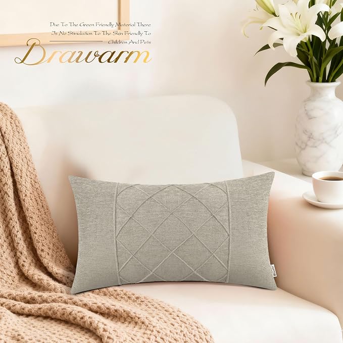 BRAWARM Chenille Throw Pillow Covers 12x20 Inches, Taupe, 2 Pack | Decorative Lumbar Pleated Pillow Covers, Soft Cushion Cases for Sofa Bed Living Room Home Farmhouse (No Insert)