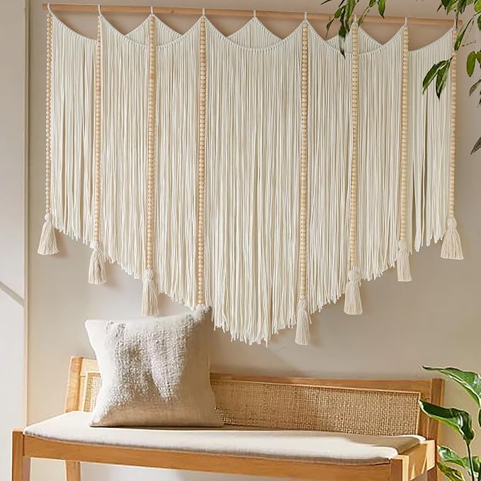 Jakalin Macrame Wall Hanging White Beads Yarn Art Boho Home Decor 57"x43" | Boho Wall Decor for Living Room,Bedroom,Nursery,Handwoven Tassel,Macrame Wall Art Cotton Craftsmanship Texture Wall Decor