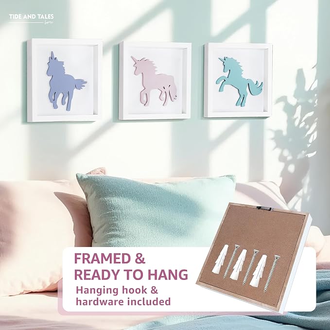 Tide and Tales Unicorn Wall Decor (Set of 3) 3D Framed Unicorn Bedroom Decor for Girls, Pastel Girls Room Decorations, White Wood Nursery Decorations Wall Art, Gift-Boxed