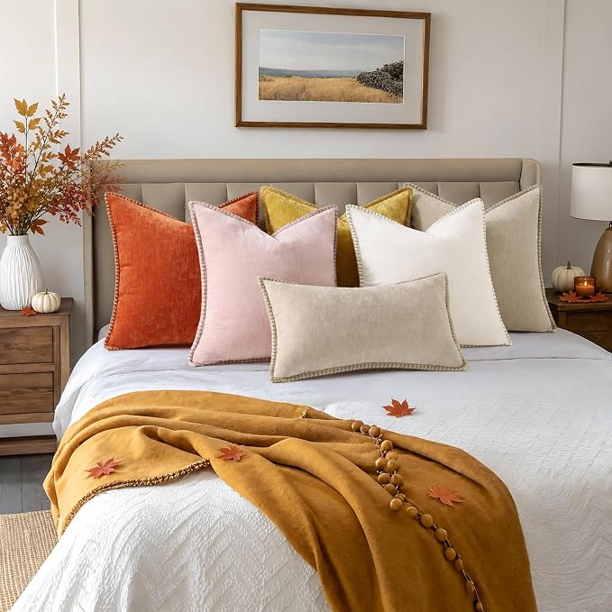 decorUhome Soft Chenille Throw Pillow Covers 20x20 Set of 2 Rust | Fall Textured Decorative Throw Pillow Cases Stitched Edge Modern Farmhouse Luxury Boho Velvet for Couch Sofa Bed Home Decor