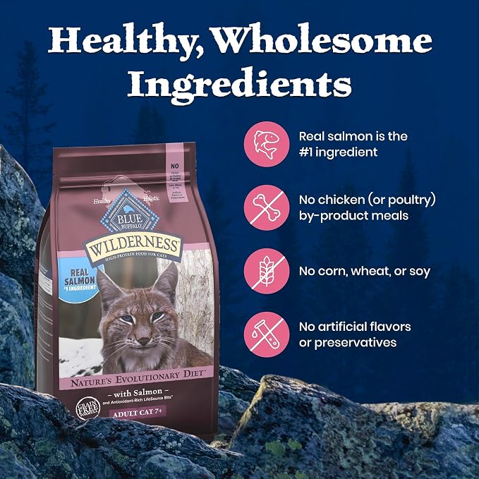 Blue Buffalo Wilderness Salmon Adult 7+ Dry Cat Food, Grain-Free, 5 lb | High Protein, Real Salmon #1 Ingredient, Supports Immunity with Antioxidant-Rich LifeSource Bits, Natural Ingredients