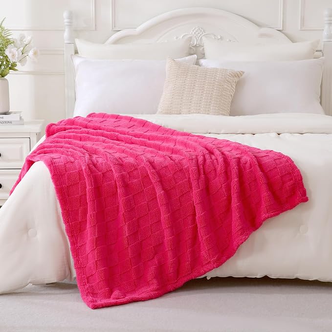 Hot Pink Fleece Throw Blanket 60”×80”Checkered Design for Couch | Super Soft Cozy Plush Microfiber 3D Square Pattern Flannel Blanket for Sofa Bed Lightweight for Adults,Women