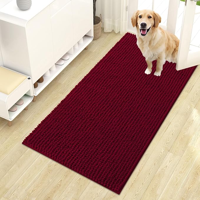 OLANLY Dog Door Mat for Muddy Paws 44x24, Extra Absorbent Chenille Mud Mat | Burgundy, Absorbs Moisture and Dirt, Non-Slip Machine Washable Doormat, Quick-Drying Indoor Entryway Floor Mat for Dogs