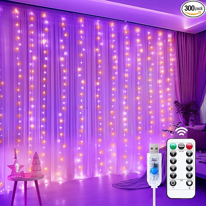 Minetom Curtain Lights, 300 LED Dimmable Fairy Lights with Remote and Timer, 8 Modes, USB Powered String Lights for Room Wall Party Xmas Indoor Decor, Purple & Orange