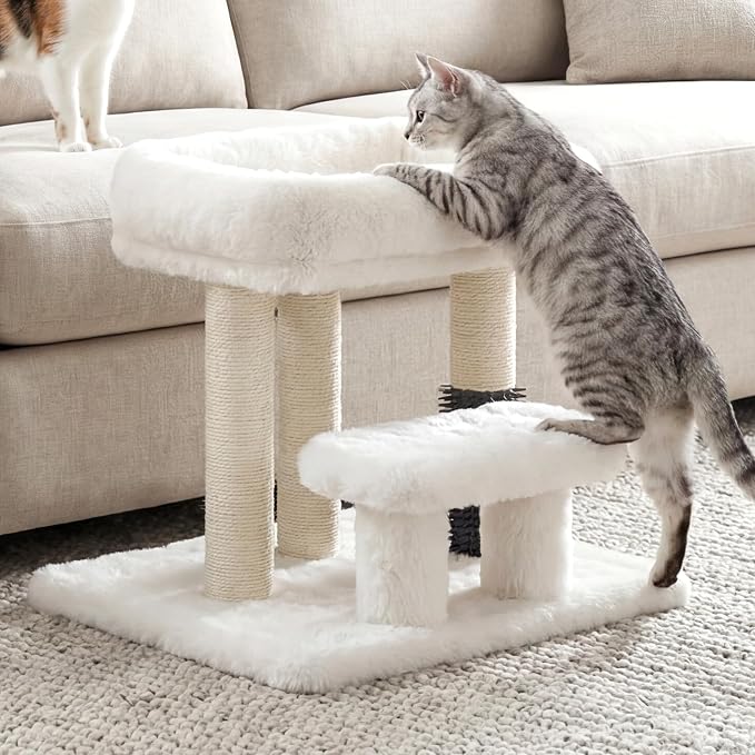 Heybly Cat Scratching Post with Grooming Brush & Gentle Step, HSP001SWH | Small Cat Tree with 5 Full Sisal Posts, Removable Plush Bed, Stable & Space-Saving Cat Furniture for Indoor Cats, White