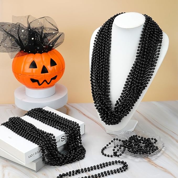 SHAOQINLIN 12 PCS Black Bead Necklace, Black Mardi Gras Beads, New Year Eve Necklaces, 33 Inch Round Halloween Necklace Party Beads for Mardi Gras, Christmas, Halloween, New Year Party Favors