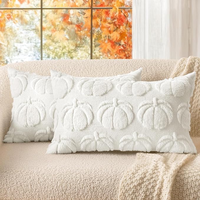 MIULEE Fall Pillow Covers Pumpkin Fall Decor Lumbar 12x20 Pure White | Set of 2 Fall Decorations for Home, Plush Faux Fur Farmhouse Accent Pillowcases, Porch Sofa Couch Cushion Bed Livingroom