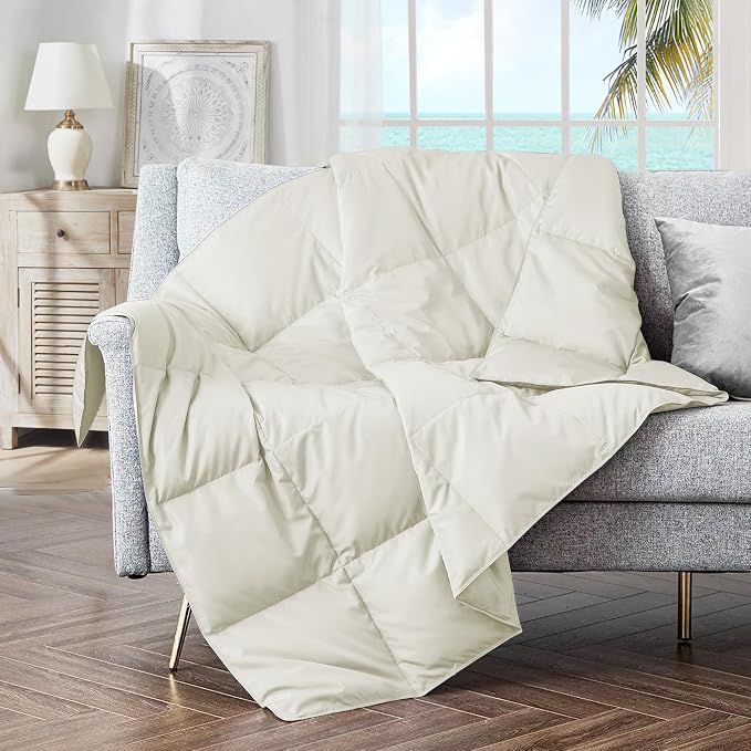 puredown® Soft Feather Down Throw Blanket Lightweight Packable Couch Throw for Indoor and Outdoor Use, Throw 50"X70", Ivory