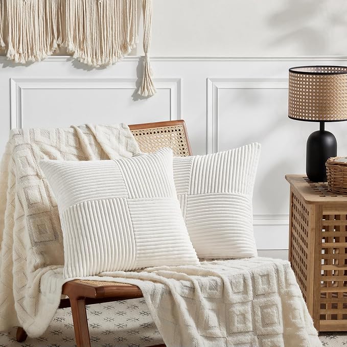 Fancy Homi 2 Packs Cream White Decorative Throw Pillow Covers 22x22 Inch for Living Room Couch Bed, Rustic Farmhouse Boho Home Decor, Soft Corss Corduroy Patchwork Accent Square Cushion Case 55x55 cm