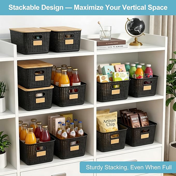 2 Pack Tall Plastic Storage Bins with Bamboo Lids, 10.8qt Stackable Storages Baskets for Organizing Desktop Closet Playroom Classroom Office, 12"L x 8.3"W x 6.1"H, Black