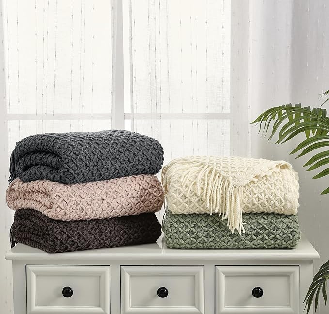 CREVENT Farmhouse Boho Knitted Throw Blanket for Couch Sofa Chair Bed Home Decoration, Soft Warm Cozy Light Weight for Spring Summer Fall (50''X60'' Blush Pink)