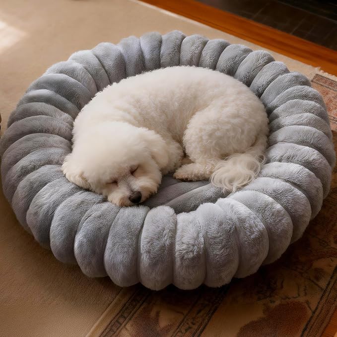 Donut Dog and Cat Bed, Luxurious Comfortable Faux Rabbit Fur Pet Beds, Round Anti-Anxiety Calming Puppy Kitten Bed with Anti-Slip Bottom for Small Medium Dogs & Cats(23", Grey)