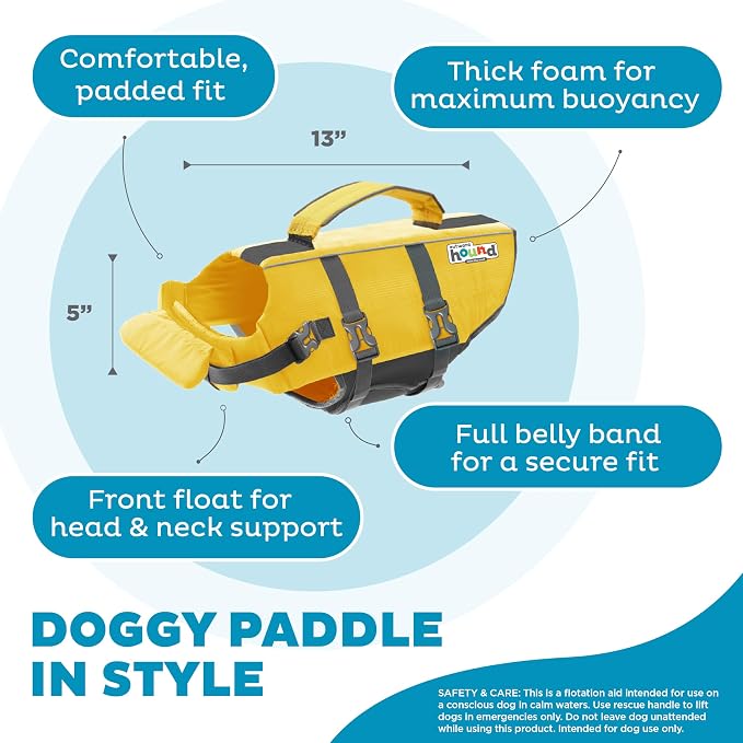 Outward Hound Granby Splash Dog Life Jacket, Life Vest, Yellow, Small | Max Buoyancy, Adjustable Fit, Head/Neck Support, Rescue Handle, Reflective, Swimming & Boating, Small Dogs (16–20" Girth)