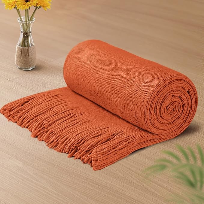 Vonty Rust Orange Knitted Throw Blanket with Tassels Fringe, 60x80 Acrylic | Super Soft And Lightweight, Year-Round Cozy Warmth, Farmhouse Decorative Style, Machine Washable, for Couch, Sofa or Bed