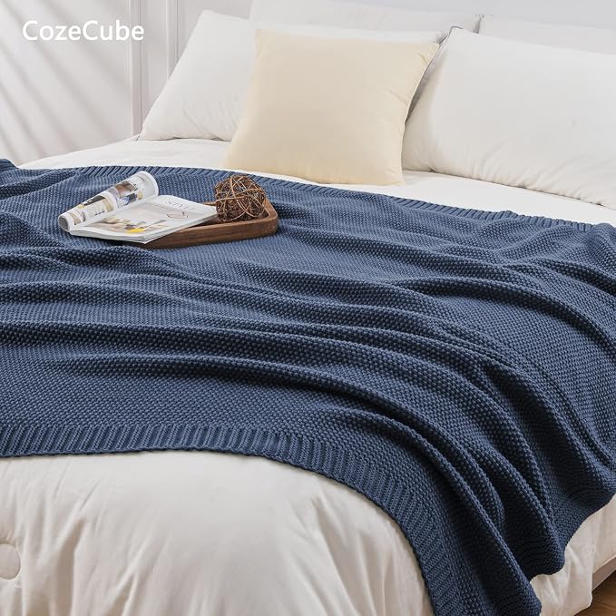 CozeCube Dusty Blue Seed Stitch Throw Blanket 60"x80", Farmhouse Decor | Blanket for Couch, Soft Cozy Cable Knit Throw for Bed Sofa Living Room, Lightweight Warm Decorative Christmas Blanket