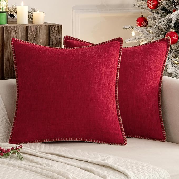 MIULEE Decorative Couch Throw Pillow Covers 16x16 Inch Red 2 Pack | Summer Farmhouse Pillow Covers with Stitched Edge, Soft Chenille Cushion Cases, for Sofa Bed Living Room Home Decor