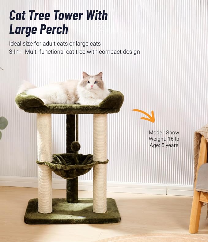 Cat Tree, Cat Scratching Posts with Large Bed for Big Cats | Green, Small Cat Tower, 28" Tall For Window Viewing, 23.6"x15.7" Large Cat Bed, Cat Hammock, Removable Cover, Solid Structure