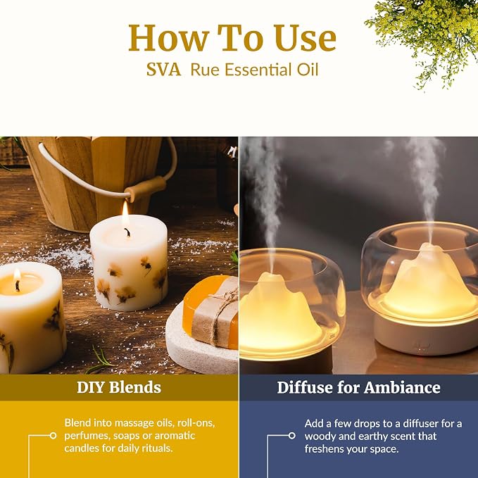 SVA Rue Essential Oil 1/3 Fl Oz – for Diffuser, Skin & Hair Care – Ideal for Massage & DIY Blends - with Dropper