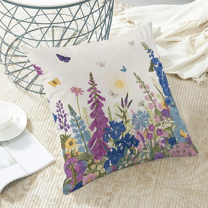 AEIOAE Spring Pillow Covers 18x18 Inch Set of 2, Navy Blue Sage Green Pink Wild Flower Throw Pillows Case,Seasonal Floral Plant Outdoor Decorative Farmhouse Decor Cushion Covers for Sofa Bed Couch