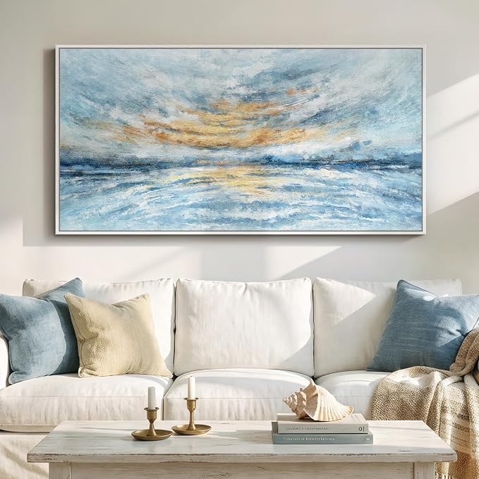 Large Framed Coastal Abstract Wall Art for Living Room, Horizontal 30x60 In | Blue and gold canvas prints, Ocean landscape paintings, Modern artwork for walls, Wall decor for bedroom dining room office