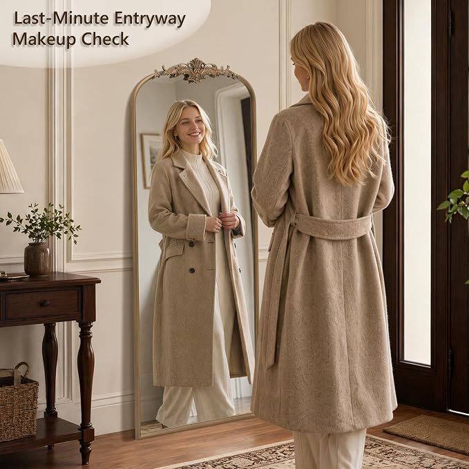 Besdomus Vintage Mirror Full Length: 21"x56" Brass Gold Arched Body Mirrors | French Floor Standing Metal Framed - Antique Baroque Traditional Ornate - Ideal for Foyer/Cloakroom/Bedroom/Dressing Room