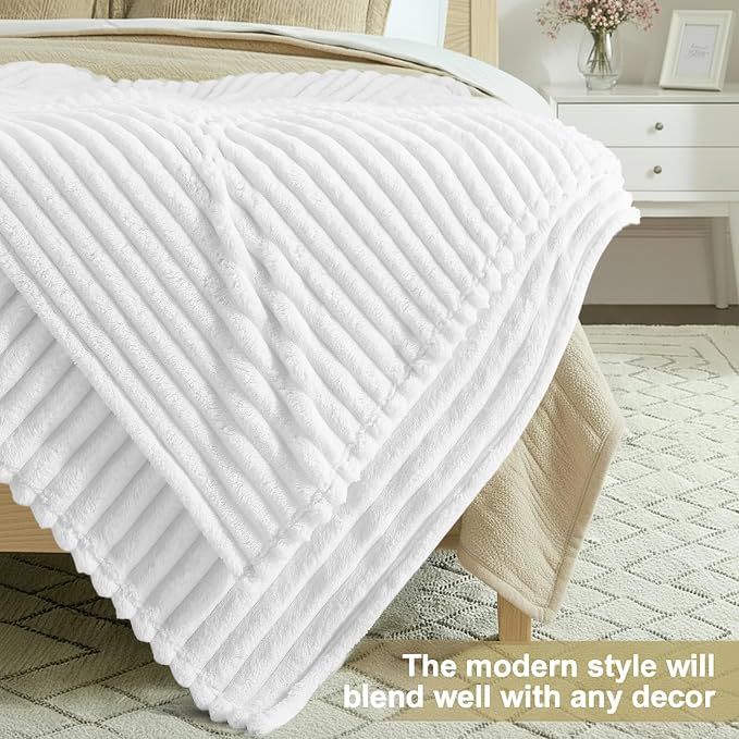 decorUhome White Fleece Twin Blanket 60x80 Inches | Soft Couch Cozy Fluffy Plush Flannel Striped Blanket for Sofa Bed, Lightweight Decorative Ribbed Fuzzy Blanket for Woman