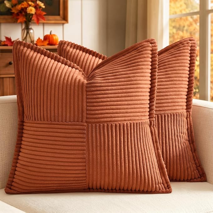 MIULEE Fall Burnt Orange Decorative Throw Pillow Covers for Couch 12x12 in | 2 Pack, Terracotta Boho Broadside Striped Patchwork Pillow Covers, Soft Corduroy Cushion Cases, For Sofa Bed Livingroom