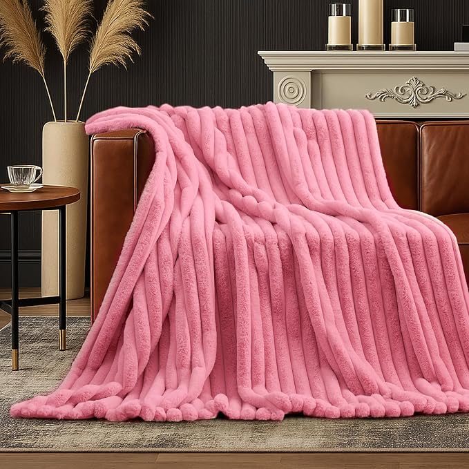 Faux Fur Throw Blanket for Couch, Cozy Fuzzy Fluffy Fur Luxurious Soft Striped Plush Gift Blankets for Family Sofa Chair Bedroom, 55"x70", Pink