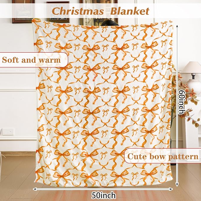 Orange Bow Throw Blanket 50"x60" Soft Flannel for Girls Women | Coquette Aesthetic Decor with Ruffled Edges, Ultra Plush Bed Sofa Blanket, Preppy Gift for Teens, Back to School Dorm Room
