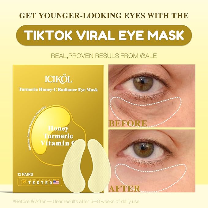 Turmeric Honey-C Radiance Under Eye Patches for Women - Hydrating & Oxidation Protection & Firms Skin Visibly Fades to Clear in 40 Mins, Fully Absorbed in 3Hrs. yellow, 12 Pairs.