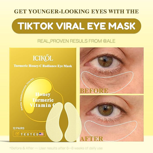 Turmeric Honey-C Radiance Under Eye Patches for Women - Hydrating & Oxidation Protection & Firms Skin Visibly Fades to Clear in 40 Mins, Fully Absorbed in 3Hrs. yellow, 12 Pairs.