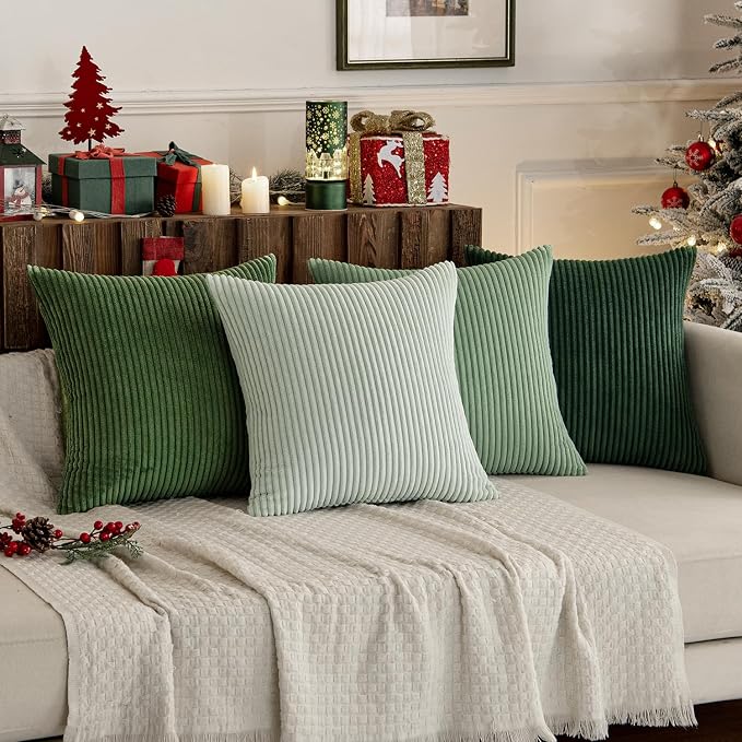 MIULEE Soft Corduroy Decorative Throw Pillow Covers Forest Green 18x18 | Set of 4, Mordern Nordic Home Decor, Gradient Color Matching, Boho Farmhouse Cushion Covers for Couch Bed Sofa Living Room