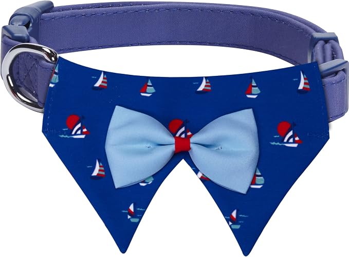 Blueberry Pet Nautical Navy Blue Sailboat Adjustable Dog Bandana Collar with Bow Tie, Small, Neck 12"-16"