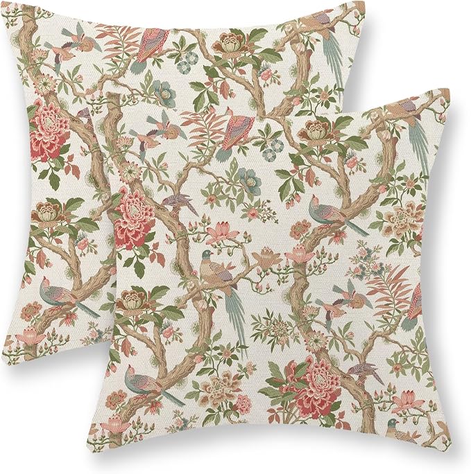 Chinoiserie Pillow Covers 22x22 Set of 2 Pink Green Bird Floral Throw Pillows Vintage Pink Flower Bird Decorative Pillow Cases Outdoor Chinoiserie Decor Farmhouse Cushion Case for Couch Sofa