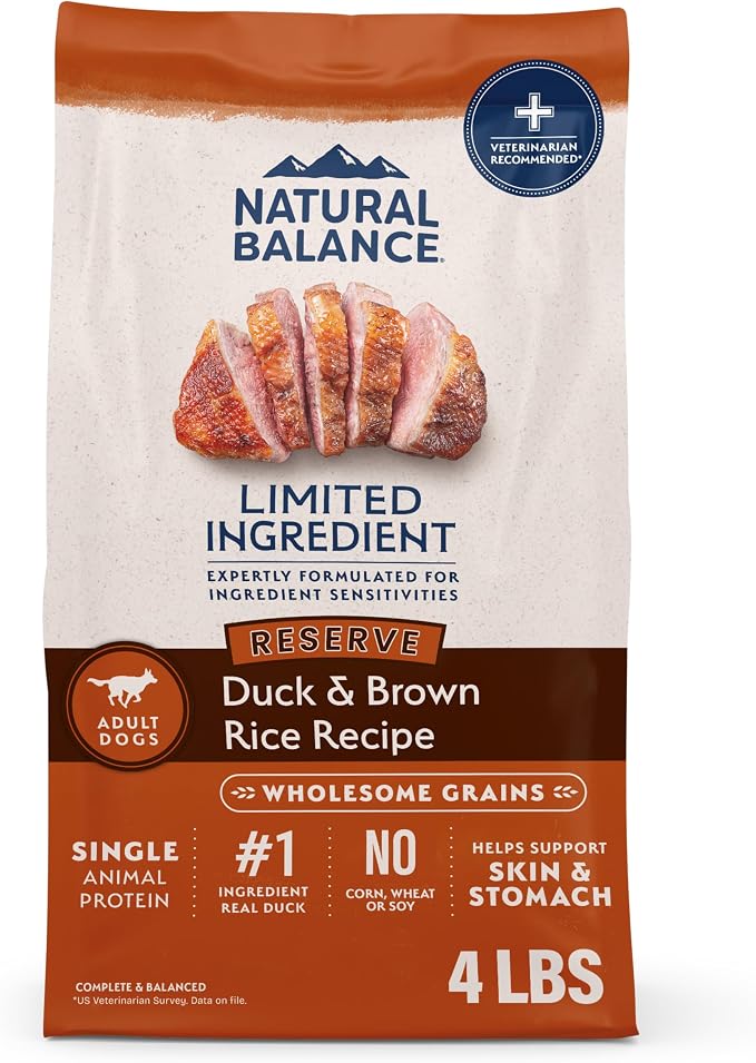 Natural Balance Limited Ingredient Dry Dog Food - Complete Nutrition for Adult Dogs - Wholesome Grains Brown Rice Recipe - Limited Ingredient Formula - 4 lb - Reserve Duck & Brown Rice