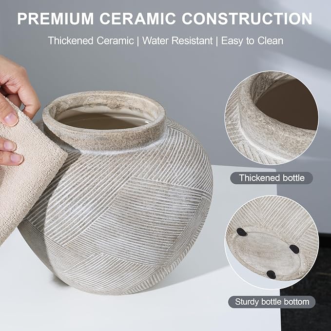 DREAMLOOM 7.7 Inch Flat Ceramic Flower Vase, Cream Grey | Textured, Farmhouse Vintage, Pottery Terracotta, Home Decor, Living Room Dining Table Wedding Centerpieces