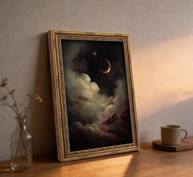 Vintage Gold Framed Celestial Wall Art, Moody Moon and Stars Gothic Painting Canvas Print, Dark Academia Wall Decor,Mystical Celestial Poster Artwork, for Living Room Bedroom Bathroom