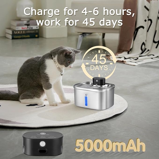 BOORCA Wireless Cat Water Fountain Stainless Steel, 169oz/5L Cordless Smart Pet Water Fountain with 5000mAh Battery & Ultra Quiet Pump, Automatic Pet Water Dispenser for Cats & Dogs, 3 Filters
