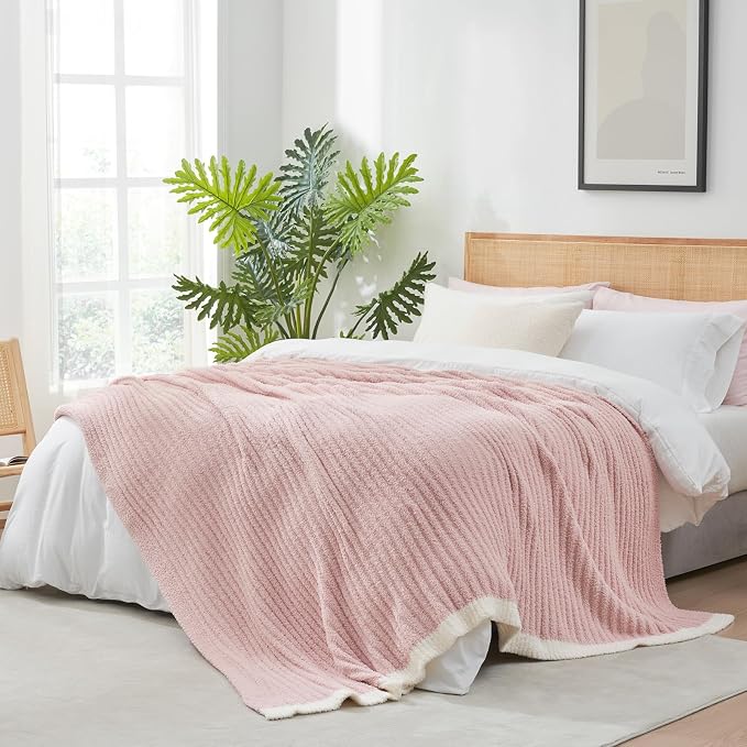 Snuggle Sac Pink Throw Blanket for Couch, Soft Cozy Ribbed Fluffy Blankets for Women, Warm Microfiber Knit Cute Throws for Girls Daughter Women Gifts for Mom, Pink, 50x70 inches
