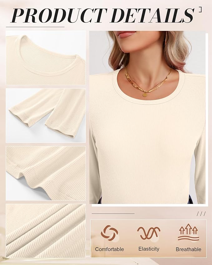 Ficerd 3 Pack Women's Ribbed Long Sleeve Tops, Crew Neck Slim Fit Undershirts Knit Basic Casual Stretch Layering Tee Shirts