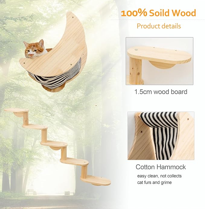 Cat Wall Shelves, Solid Wood Moon Bed, 5-Step Stairs for Vertical Climbing | 2-in-1 Wall-Mounted Cat Furniture;Wall & Corner Setup;16-Inch Stud Wall;Hold Up to 40 lb;Vertical Territory & Active Exercise