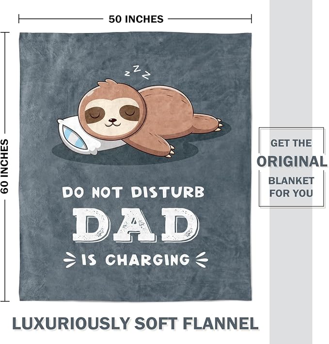 Leebbsin Funny Gift for Dad, Dad Birthday Gift from Daughter Son | Dad is Charging Sloth Blanket 60" x 50", Grey, Dads Gifts for Fathers Day Christmas, Soft Sloth Throws Blanket for Father