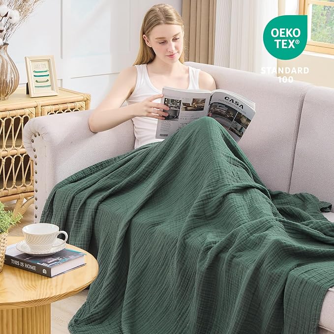 EMME Muslin Blankets for Adults Throw Blanket for Couch Breathable Gauze Soft Lightweight Airy Forest Green Throw 50" x 60"