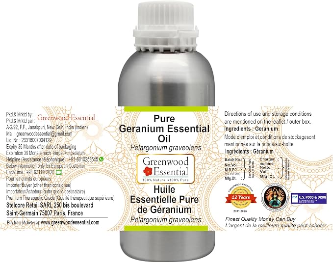 Greenwood Essential Pure Geranium Essential Oil (Pelargonium graveolens) Steam Distilled 1250ml (42.2 oz)