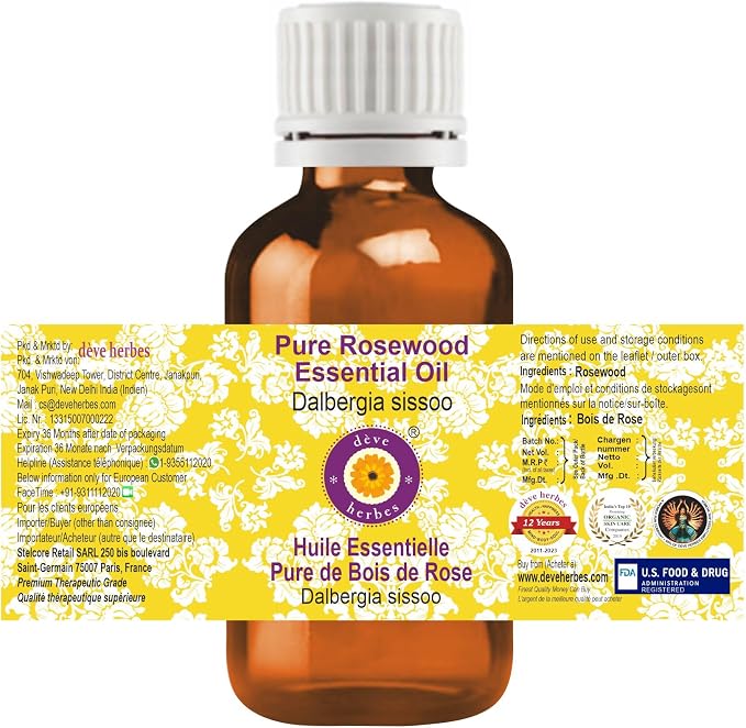Deve Herbes Pure Rosewood Essential Oil (Dalbergia Sissoo) Steam Distilled (Pack of Five) 100ml X 5 (16.9 oz)